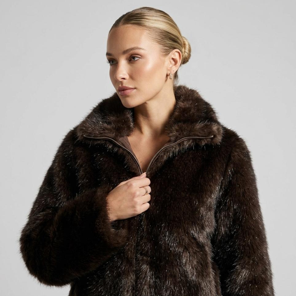 Casaco de Pelo Feminino Premium | Jaqueta Peluciada Luxo Gola Alta Elegante Inverno