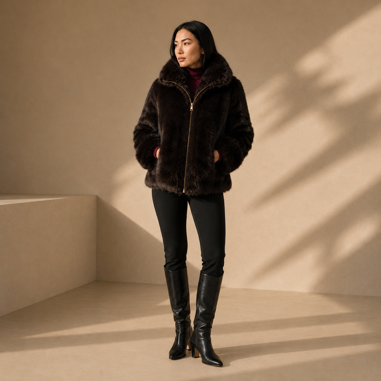 Casaco de Pelo Feminino Premium | Jaqueta Peluciada Luxo Gola Alta Elegante Inverno