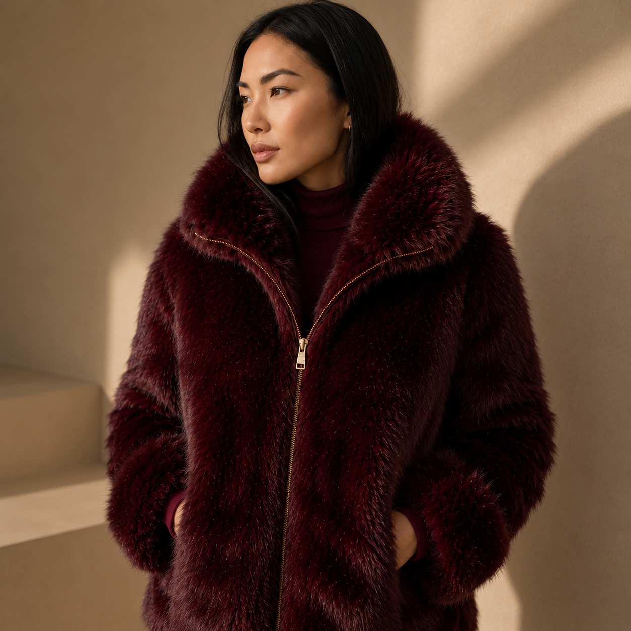 Casaco de Pelo Feminino Premium | Jaqueta Peluciada Luxo Gola Alta Elegante Inverno