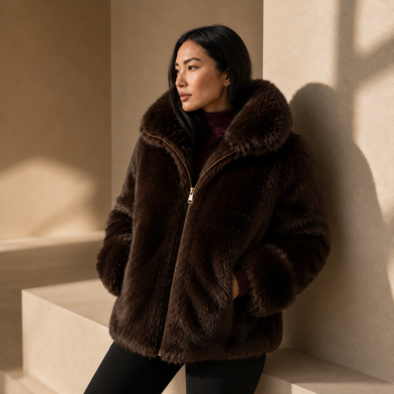 Casaco de Pelo Feminino Premium | Jaqueta Peluciada Luxo Gola Alta Elegante Inverno