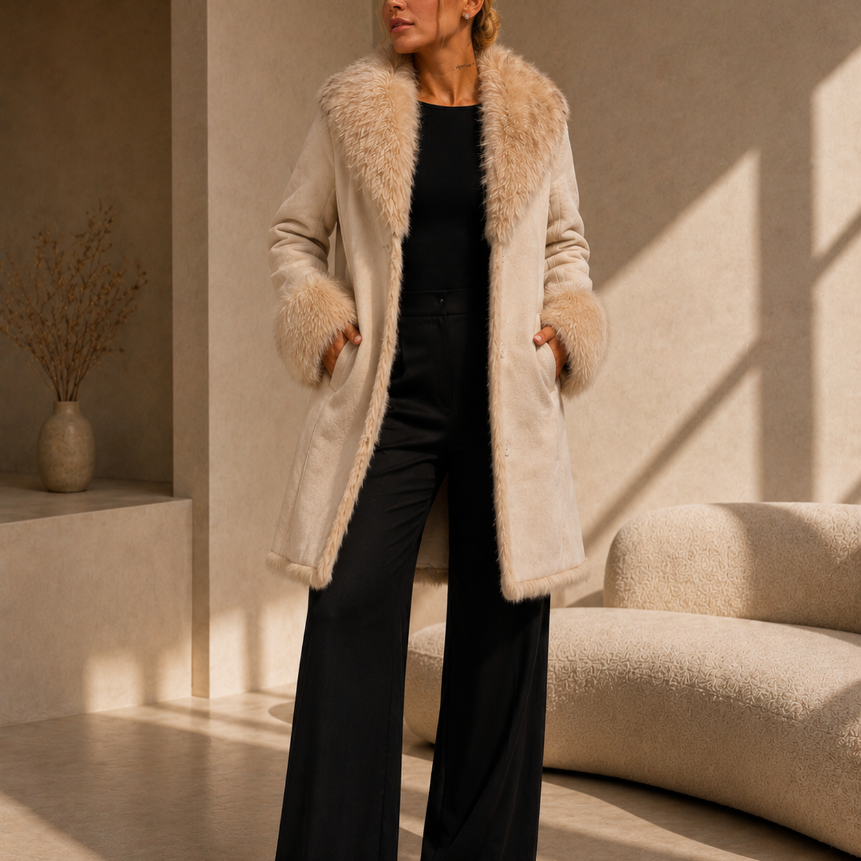 Sobretudo Feminino Inverno Dupla Face Feminino Premium com Gola de Pelo
